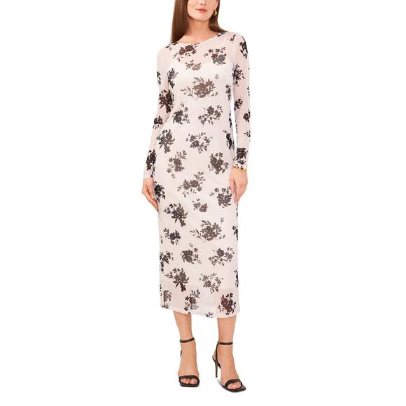 Vince Camuto Floral Printed Long Sleeve Midi Dress Cream Black NWT Size Medium - Picture 1 of 9